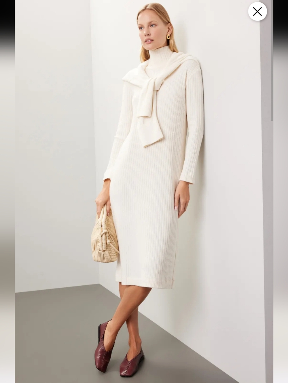 Donni White Rib Midi Long Sleeve Dress Size M